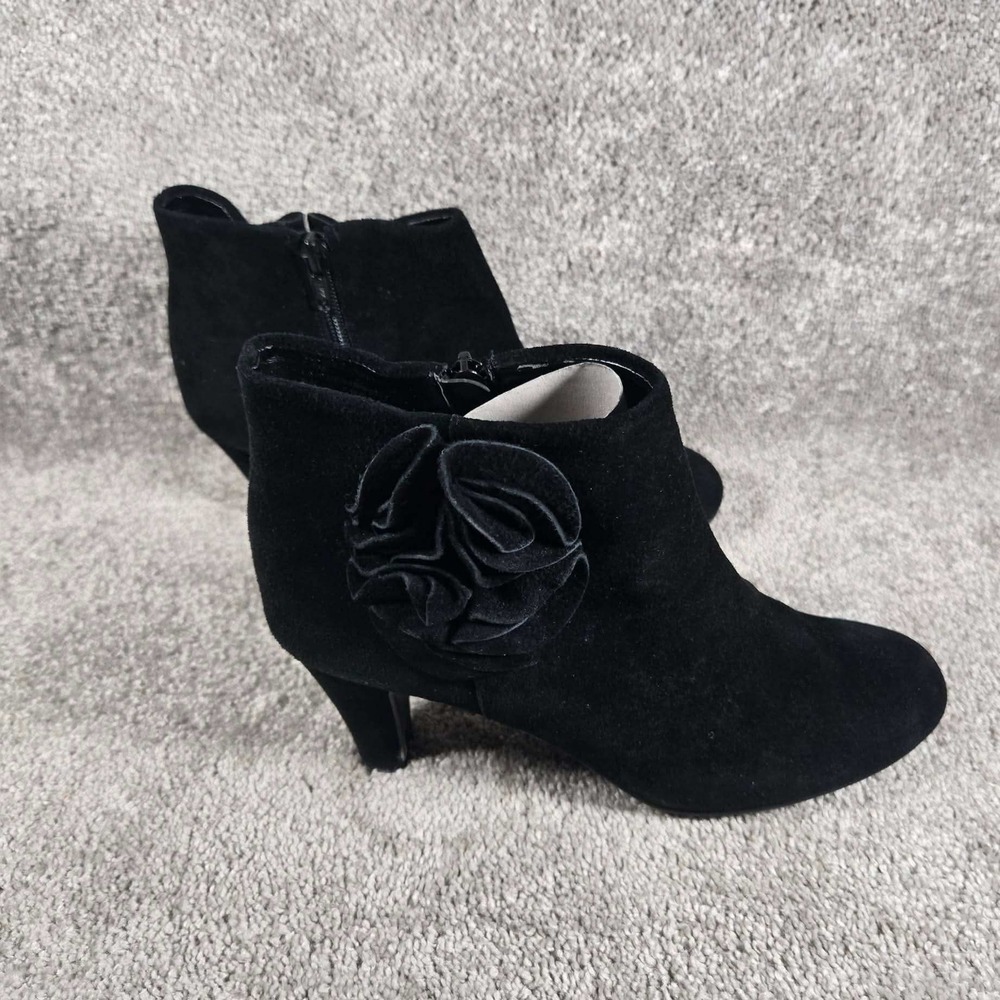Laura Ashley Sophie Ankle Boots Black Floral Rosette Suede Heeled Womens 7.5M